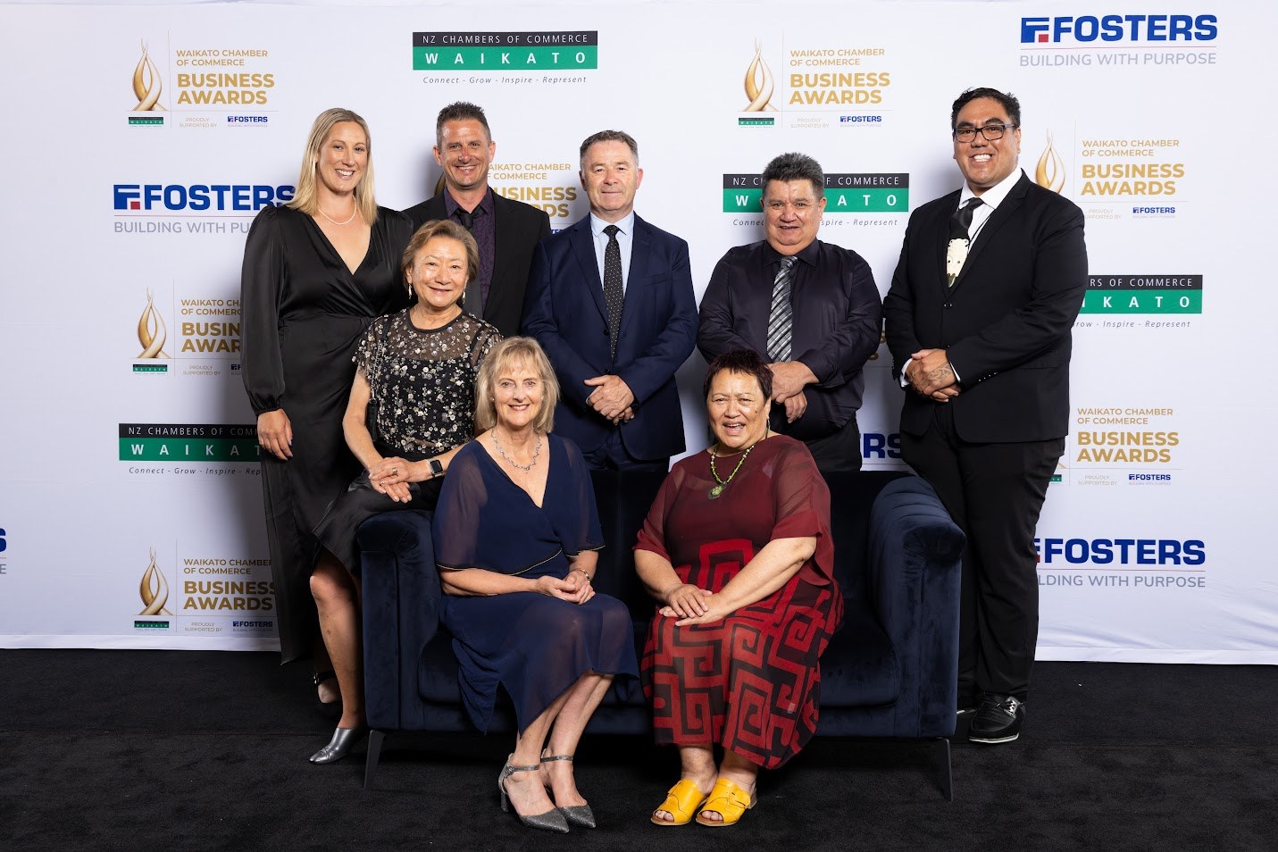 L-R: Amelia Paget, Jared Price, Steve Gow, Mayor Gary Petley, Kori Totorewa. Front L-R: Susan Law, Sue Arthur, Aria Petley