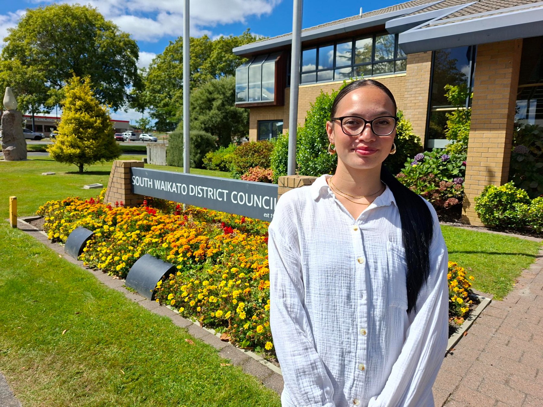 Tuia Scholarship recipient for 2026, Keira Riki-Pahewa, stands outside the South Waikato District Council building.