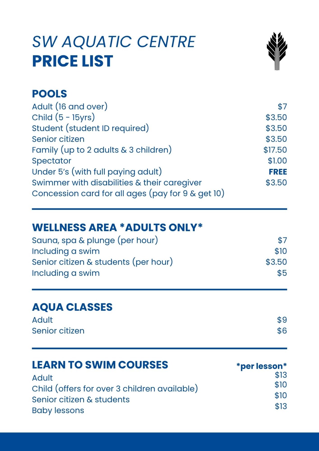 South Waikato Aquatic Centre pricelist